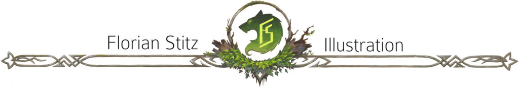 Logo design painted in acrylics showing a wolfs head inside a circle made of wood, stone and leaves. Also includes the words Florian Stitz Illustration